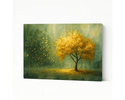 Canvas schilderij 70x50 cm - Boom - Goud - Groen - Bladeren - Natuur - Wanddecoratie woonkamer - Decoratie huis - Interieur - Slaapkamer