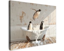 Canvas schilderij 70x50 cm - Wanddecoratie badkamer Vintage - Pinguïn - Badkuip - Schuim - Muurdecoratie WC - Decoratieve accessoires - Toilet muur decoratie - Schilderijen op canvas