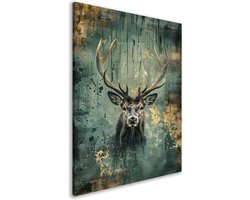 Canvas schilderij 75x100 cm - Hert - Dieren - Goud - Groen - Kantoor versiering - Wanddecoratie woonkamer - Muurdecoratie kantoor - Decoratie kamer - Hal schilderijen