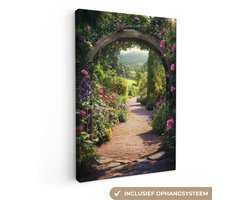Canvas schilderij 80x120 cm - Exclusieve wanddecoratie Doorkijk - Bloemen - Natuur - Rozenboog - Muurdecoratie woonkamer - Slaapkamer decoratie - Kamer accessoires - Schilderijen op canvas