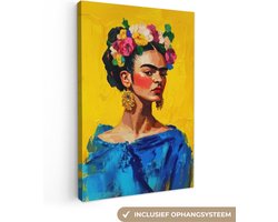 Canvas schilderij 80x120 cm - Exclusieve wanddecoratie Frida Kahlo - Vrouw - Geel - Blauw - Bloemen - Muurdecoratie woonkamer - Slaapkamer decoratie - Kamer accessoires - Schilderijen op canvas - Eclectisch - Aesthetic room decor