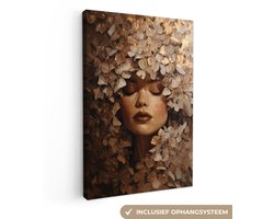 Canvas schilderij 80x120 cm - Exclusieve wanddecoratie Gezicht - Vrouwe - Bladeren - Penseelstreken - Muurdecoratie woonkamer - Slaapkamer decoratie - Kamer accessoires - Schilderijen op canvas