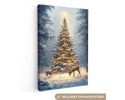 Canvas schilderij 80x120 cm - Exclusieve wanddecoratie Kerstlicht - Woud - Hert - Donker - Muurdecoratie woonkamer - Kamer decoratie - Schilderijen op canvas - Kerstdecoratie voor binnen - Kerstversiering - Kerstmis versiering