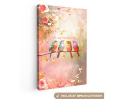 Canvas schilderij 80x120 cm - Exclusieve wanddecoratie Vogels - Tak - Quote - Roze - Muurdecoratie woonkamer - Slaapkamer decoratie - Kamer accessoires - Schilderijen op canvas