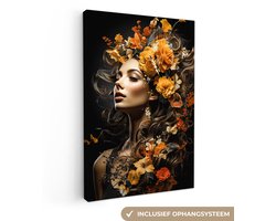 Canvas schilderij 80x120 cm - Vrouw bloemen - Kamer decoratie accessoires - Schilderijen portret woonkamer - Wanddecoratie slaapkamer - Muurdecoratie keuken - Wanddoek interieur binnen - Woondecoratie huis