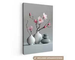Canvas schilderij 80x120 cm - Wanddecoratie badkamer Magnolia - Bloemen - Roze - Zen stenen - Muurdecoratie WC - Decoratieve accessoires - Toilet muur decoratie - Schilderijen op canvas