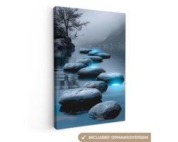 Canvas schilderij 80x120 cm - Wanddecoratie badkamer Stenen - Water - Bomen - Natuur - Muurdecoratie WC - Decoratieve accessoires - Toilet muur decoratie - Schilderijen op canvas