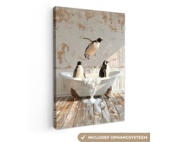 Canvas schilderij 80x120 cm - Wanddecoratie badkamer Vintage - Pinguïn - Badkuip - Schuim - Muurdecoratie WC - Decoratieve accessoires - Toilet muur decoratie - Schilderijen op canvas
