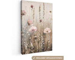 Canvas schilderij 80x120 cm - Wanddecoratie Bloemen - Roze - Modern - Beige - Muurdecoratie woonkamer - Slaapkamer decoratie - Kamer accessoires - Schilderijen op canvas