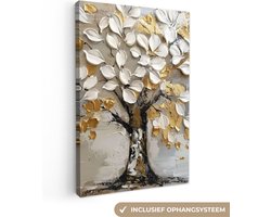 Canvas schilderij 80x120 cm - Wanddecoratie Boom - Beige - Grijs - Goud - Abstract - Muurdecoratie woonkamer - Slaapkamer decoratie - Kamer accessoires - Schilderijen op canvas