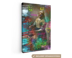 Canvas schilderij 80x120 cm - Wanddecoratie Melkmeisje - Johannes Vermeer - Graffiti - Muurdecoratie woonkamer - Slaapkamer decoratie - Kamer accessoires - Schilderijen op canvas