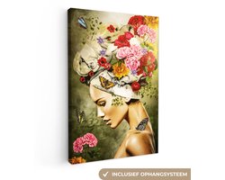 Canvas schilderij 80x120 cm - Wanddecoratie Vrouw - Bloemen - Kleuren - Vlinders - Rozen - Hoofddoek - Muurdecoratie woonkamer - Slaapkamer decoratie - Kamer accessoires - Schilderijen op canvas