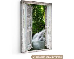 Canvas schilderij 80x120 cm - Wanddecoratie Waterval - Doorkijk - Landschap - Muurdecoratie woonkamer - Slaapkamer decoratie - Kamer accessoires - Schilderijen op canvas