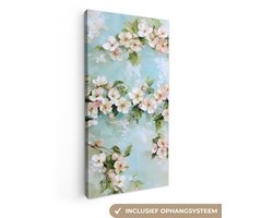 Canvas schilderij 80x160 cm - Exclusieve wanddecoratie Bloesem - Bladeren - Lichtblauw - Muurdecoratie woonkamer - Slaapkamer decoratie - Kamer accessoires - Schilderijen op canvas