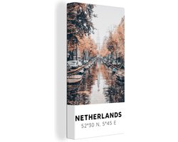 Canvas schilderij 80x160 cm - Wanddecoratie Nederland - Amsterdam - Gracht - Herfst - Muurdecoratie woonkamer - Slaapkamer decoratie - Kamer accessoires - Schilderijen