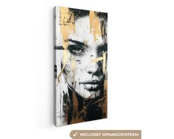 Canvas schilderij 80x160 cm - Wanddecoratie Portret - Vrouw - Penseelstreken - Goud - Muurdecoratie woonkamer - Slaapkamer decoratie - Kamer accessoires - Schilderijen op canvas