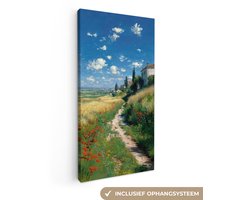 Canvas schilderij 80x160 cm - Wanddecoratie Zandpad - Huis - Bomen - Grasveld - Muurdecoratie woonkamer - Slaapkamer decoratie - Kamer accessoires - Schilderijen op canvas