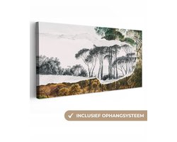 Canvas schilderij 80x40 cm - Wanddecoratie Italiaans landschap parasoldennen - Kunst - Hendrik Voogd - Schilderij - Zwart wit - Oude meesters - Muurdecoratie woonkamer - Slaapkamer decoratie - Kamer accessoires - Schilderijen op canvas