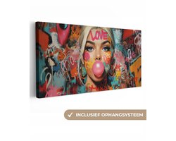 Canvas schilderij 80x40 cm - Wanddecoratie Vrouw - Kauwgom - Graffiti - Love - Muurdecoratie woonkamer - Slaapkamer decoratie - Kamer accessoires - Schilderijen op canvas