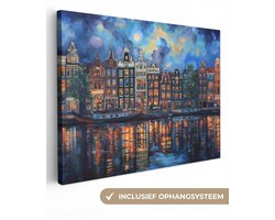 Canvas schilderij 80x60 cm - Exclusieve wanddecoratie Grachten Amsterdam - Huizen - Stad - Kleurrijk - Muurdecoratie woonkamer - Slaapkamer decoratie - Kamer accessoires - Schilderijen op canvas