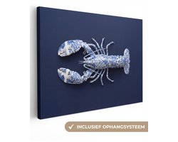Canvas schilderij 80x60 cm - Exclusieve wanddecoratie Kreeft - Porselein - Delfts - Blauw - Muurdecoratie woonkamer - Slaapkamer decoratie - Kamer accessoires - Schilderijen op canvas