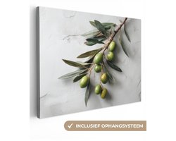 Canvas schilderij 80x60 cm - Exclusieve wanddecoratie Olijventak - Beton - Mediterraan - Muurdecoratie accessoires - Keuken decoratie muur - Schilderijen op canvas