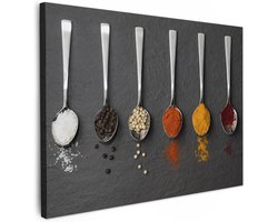 Canvas Schilderij 80x60 cm Kamer Decoratie Woonkamer Slaapkamer Room Decor Wanddecoratie Wall Art Painting Specerijen - Lepels - Tafel - Rustiek - Kruiden