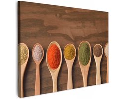 Canvas Schilderij 80x60 cm Kamer Muur Decoratie Woonkamer Slaapkamer Room Decor Wall Decoration Art Painting Pollepel - Kruiden - Eten - Specerijen - Tafel