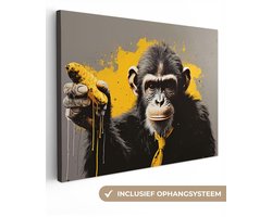 Canvas schilderij 80x60 cm - Wanddecoratie Aap - Chimpansee - Banaan - Geel - Dieren - Stropdas - Muurdecoratie woonkamer - Slaapkamer decoratie - Kamer accessoires - Schilderijen op canvas