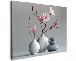 Canvas schilderij 80x60 cm - Wanddecoratie badkamer Magnolia - Bloemen - Roze - Zen stenen - Muurdecoratie WC - Decoratieve accessoires - Toilet muur decoratie - Schilderijen op canvas