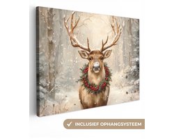 Canvas schilderij 80x60 cm - Wanddecoratie Kerst - Rendier - Winter - Krans - Muurdecoratie woonkamer - Slaapkamer decoratie - Kamer accessoires - Schilderijen op canvas - Kerstdecoratie voor binnen - Kerstversiering - Kerstmis versiering