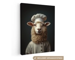 Canvas schilderij 90x120 cm - Exclusieve wanddecoratie Schaap - Wol - Kok - Muurdecoratie woonkamer - Slaapkamer decoratie - Kamer accessoires - Schilderijen op canvas