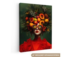 Canvas schilderij 90x120 cm - Exclusieve wanddecoratie Vrouw - Vruchten - Papaja - Ananas - Muurdecoratie woonkamer - Slaapkamer decoratie - Kamer accessoires - Schilderijen op canvas