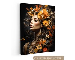 Canvas schilderij 90x120 cm - Vrouw bloemen - Kamer decoratie accessoires - Schilderijen portret woonkamer - Wanddecoratie slaapkamer - Muurdecoratie keuken - Wanddoek interieur binnen - Woondecoratie huis