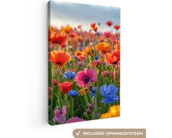 Canvas Schilderij 90x140 cm - Bloemen - Klaprozen - Kleurrijk - Natuur - Wanddecoratie woonkamer - Muurdecoratie keuken - Slaapkamer decoratie - Schilderijen - Woonaccessoires