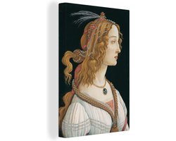 Canvas schilderij 90x140 cm - Wanddecoratie Geïdealiseerd portret van een dame - schilderij van Sandro Botticelli - Muurdecoratie woonkamer - Slaapkamer decoratie - Kamer accessoires - Schilderijen