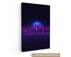 Canvas schilderij 90x140 cm - Wanddecoratie Skyline - Zon - Neon - Rasterpatroon - Muurdecoratie woonkamer - Slaapkamer decoratie - Kamer accessoires - Schilderijen op canvas