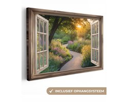 Canvas schilderij 90x60 cm - Exclusieve wanddecoratie Doorkijk - Bloemen - Natuur - Zon - Pad - Muurdecoratie woonkamer - Slaapkamer decoratie - Kamer accessoires - Schilderijen op canvas