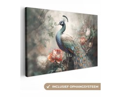 Canvas schilderij 90x60 cm - Pauw vogel - Kamer decoratie accessoires jungle - Schilderijen woonkamer bloemen - Wanddecoratie vogels slaapkamer - Muurdecoratie keuken - Wanddoek interieur binnen - Woondecoratie huis