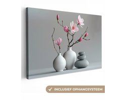 Canvas schilderij 90x60 cm - Wanddecoratie badkamer Magnolia - Bloemen - Roze - Zen stenen - Muurdecoratie WC - Decoratieve accessoires - Toilet muur decoratie - Schilderijen op canvas