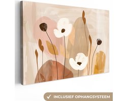 Canvas schilderij 90x60 cm - Wanddecoratie Bloemen - Abstract - Beige - Line art - Muurdecoratie woonkamer - Kamer decoratie modern - Abstracte schilderijen