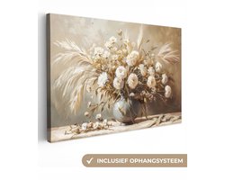 Canvas schilderij 90x60 cm - Wanddecoratie Bloemen - Vaas - Stilleven - Beige - Muurdecoratie woonkamer - Slaapkamer decoratie - Kamer accessoires - Schilderijen op canvas
