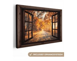 Canvas schilderij 90x60 cm - Wanddecoratie Bos - Herfst - Bomen - Bospad - Natuur - Doorkijk - Muurdecoratie woonkamer - Slaapkamer decoratie - Kamer accessoires - Schilderijen op canvas