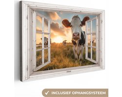 Canvas schilderij 90x60 cm - Wanddecoratie Doorkijk - Koe - Weiland - Natuur - Dieren - Landelijk - Muurdecoratie accessoires - Keuken decoratie muur - Schilderijen op canvas