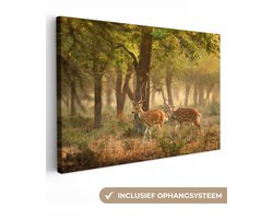 Canvas schilderij 90x60 cm - Wanddecoratie Herten - Bos - Herfst - Bosdieren - Natuur - Hert - Muurdecoratie woonkamer - Slaapkamer decoratie - Kamer accessoires - Schilderijen op canvas