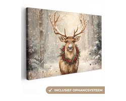 Canvas schilderij 90x60 cm - Wanddecoratie Kerst - Rendier - Winter - Krans - Muurdecoratie woonkamer - Slaapkamer decoratie - Kamer accessoires - Schilderijen op canvas - Kerstdecoratie voor binnen - Kerstversiering - Kerstmis versiering