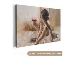 Canvas schilderij 90x60 cm - Wanddecoratie Schilderij - Olieverf - Vrouw - Wijn - Muurdecoratie woonkamer - Slaapkamer decoratie - Kamer accessoires - Schilderijen op canvas