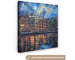 Canvas schilderij 90x90 cm - Exclusieve wanddecoratie Grachten Amsterdam - Huizen - Stad - Kleurrijk - Muurdecoratie woonkamer - Slaapkamer decoratie - Kamer accessoires - Schilderijen op canvas