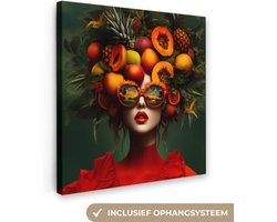 Canvas schilderij 90x90 cm - Exclusieve wanddecoratie Vrouw - Vruchten - Papaja - Ananas - Muurdecoratie woonkamer - Slaapkamer decoratie - Kamer accessoires - Schilderijen op canvas