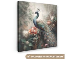 Canvas schilderij 90x90 cm - Pauw vogel - Kamer decoratie accessoires jungle - Schilderijen woonkamer bloemen - Wanddecoratie vogels slaapkamer - Muurdecoratie keuken - Wanddoek interieur binnen - Woondecoratie huis